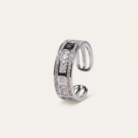 Silver Baguette Crystal C-Shaped Statement Ring
