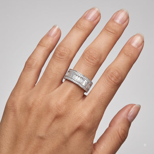 Silver Baguette Crystal C-Shaped Statement Ring