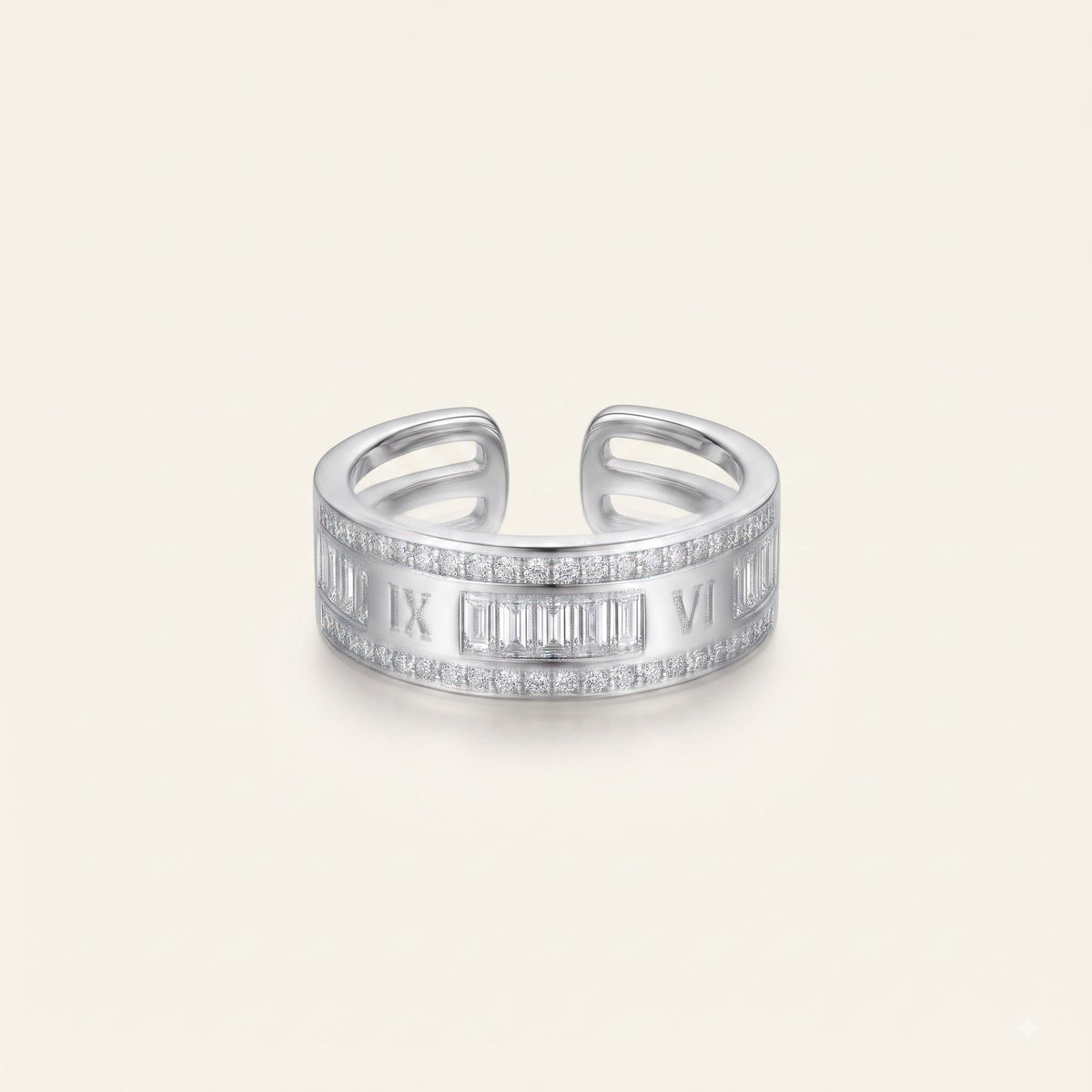 Silver Baguette Crystal C-Shaped Statement Ring