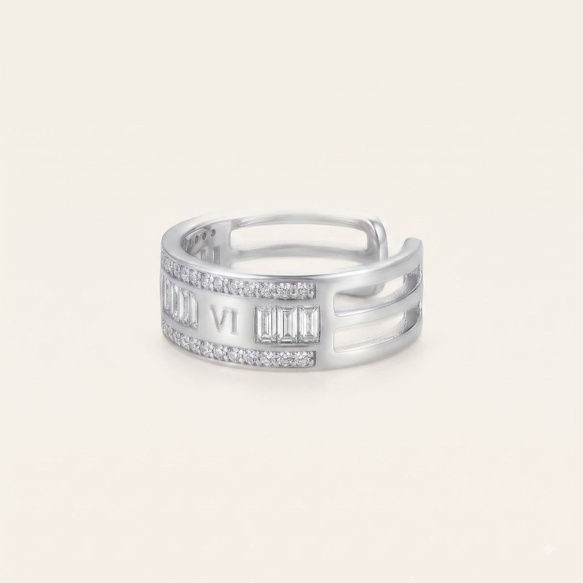 Silver Baguette Crystal C-Shaped Statement Ring
