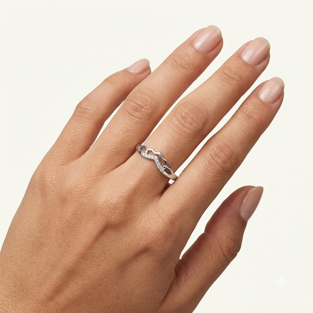 Elegant Silver Crystal Pavé Ring with Wave-Inspired Design