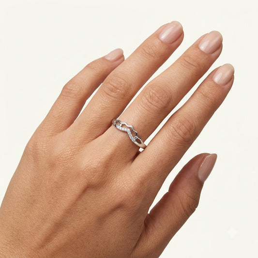 Elegant Silver Crystal Pavé Ring with Wave-Inspired Design