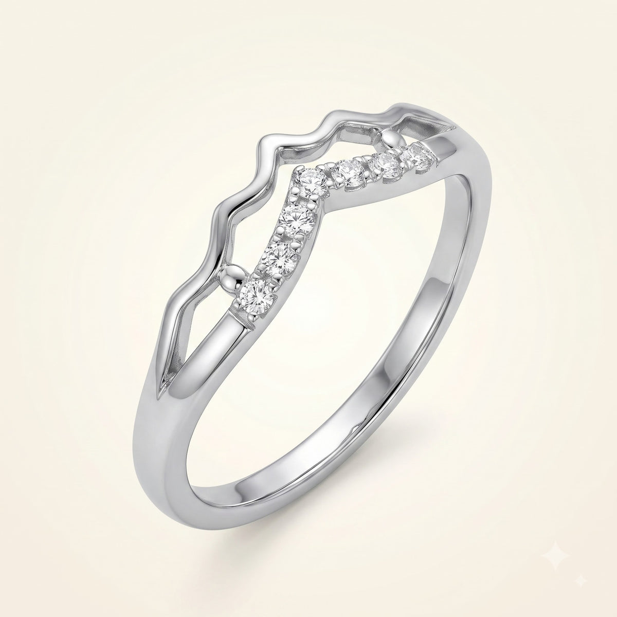 Elegant Silver Crystal Pavé Ring with Wave-Inspired Design
