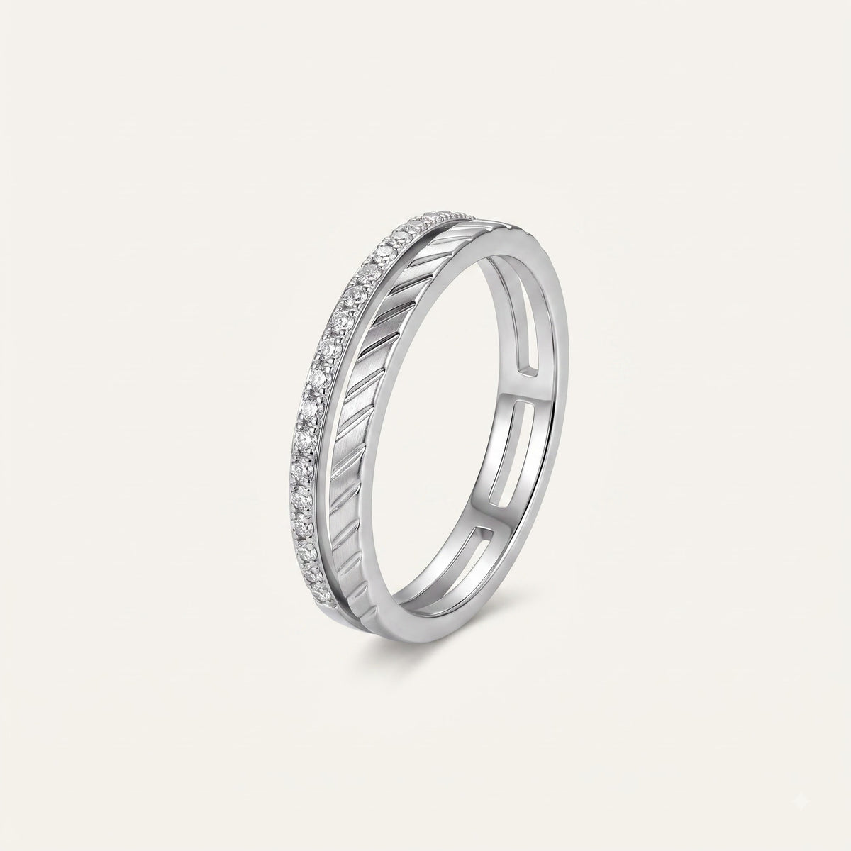 Elegant Silver Double Band Crystal Ring
