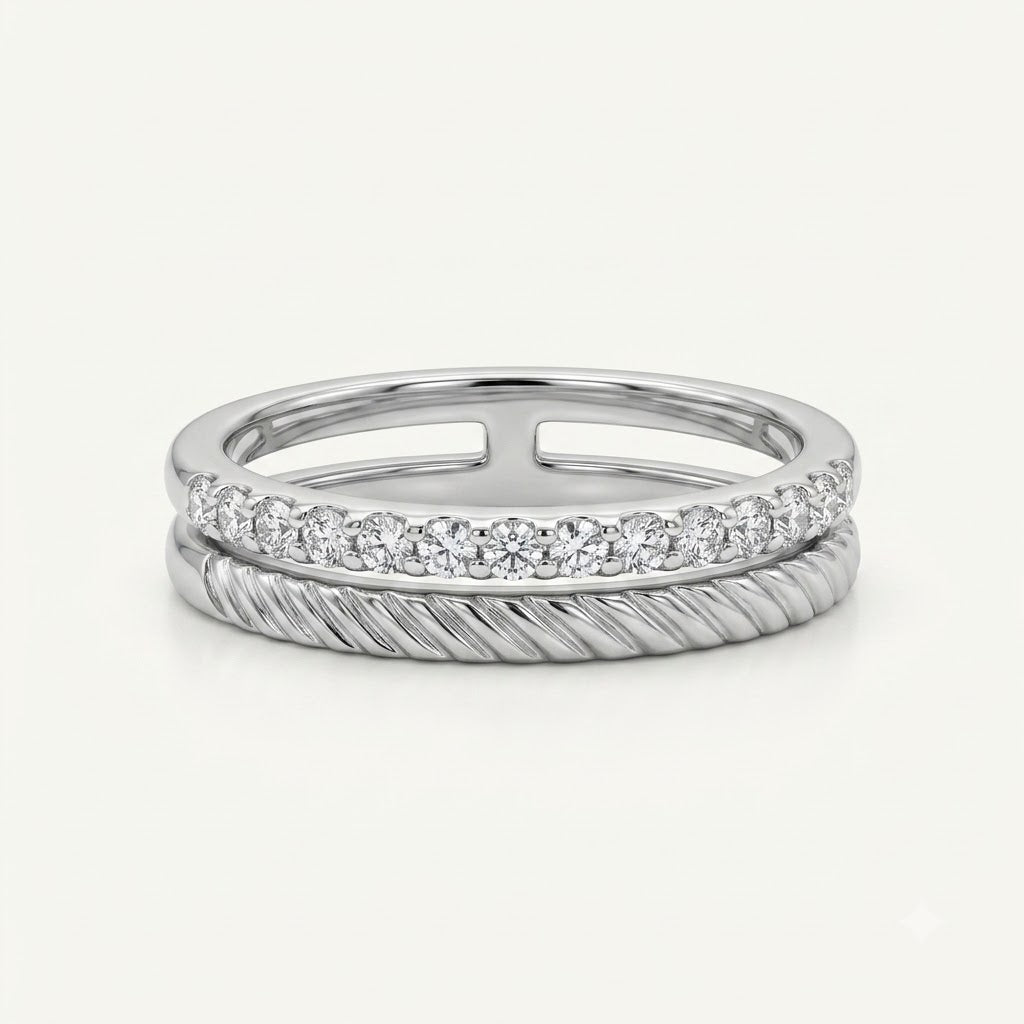 Elegant Silver Leaf Texture Pavé Ring with Sparkling Clear Stones
