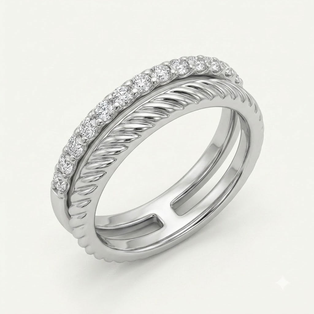 Elegant Silver Leaf Texture Pavé Ring with Sparkling Clear Stones
