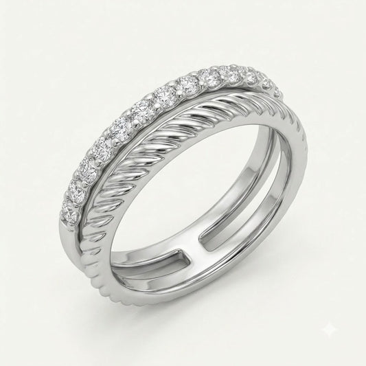 Elegant Silver Leaf Texture Pavé Ring with Sparkling Clear Stones