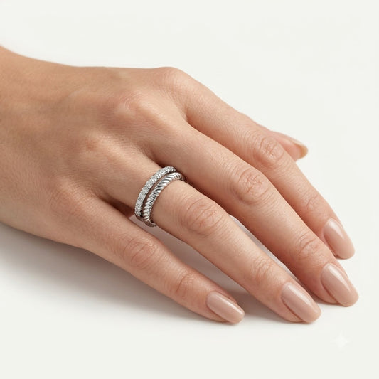 Elegant Silver Leaf Texture Pavé Ring with Sparkling Clear Stones