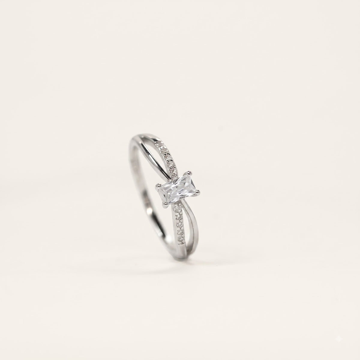 Elegant Silver Emerald-Cut Solitaire Crystal Ring