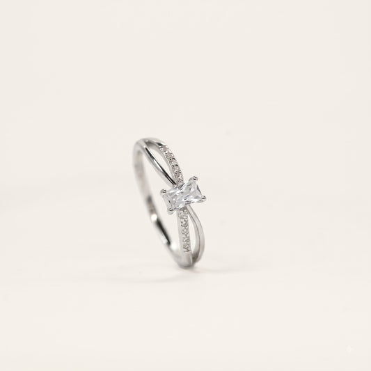 Elegant Silver Emerald-Cut Solitaire Crystal Ring