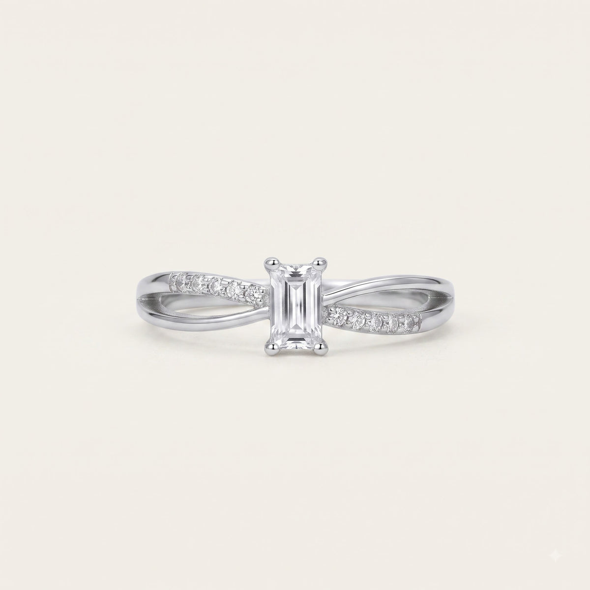 Elegant Silver Emerald-Cut Solitaire Crystal Ring