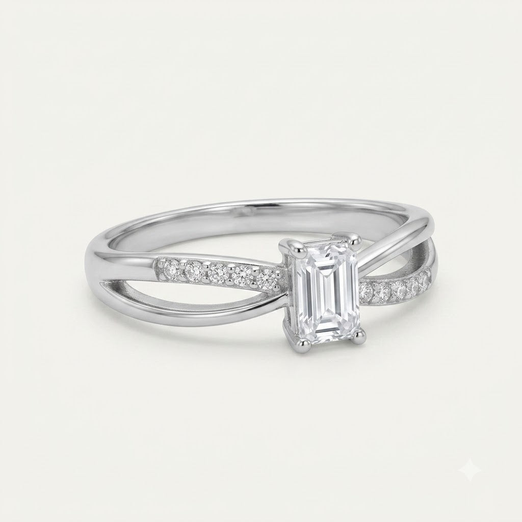 Elegant Silver Emerald-Cut Solitaire Crystal Ring