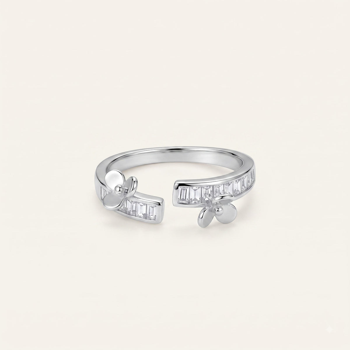 Silver Bow Baguette Crystal Open Ring