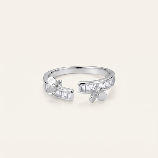 Silver Bow Baguette Crystal Open Ring