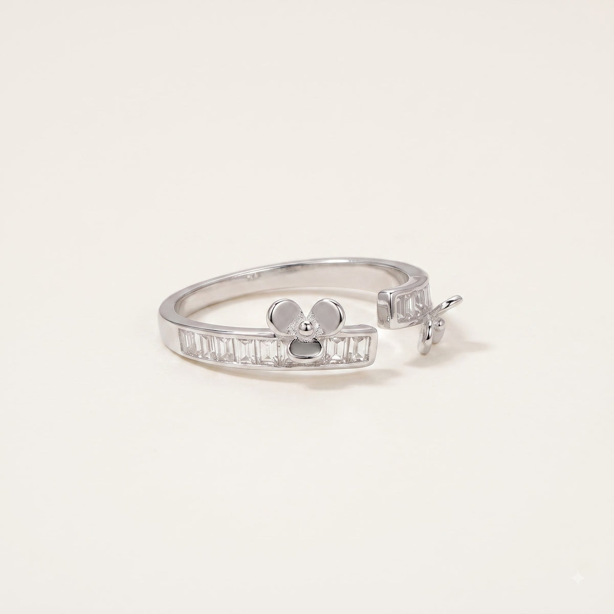 Silver Bow Baguette Crystal Open Ring