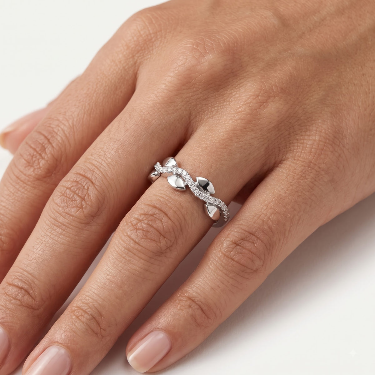 Elegant Leaf-Inspired Pavé Ring with Curved Crystal Band