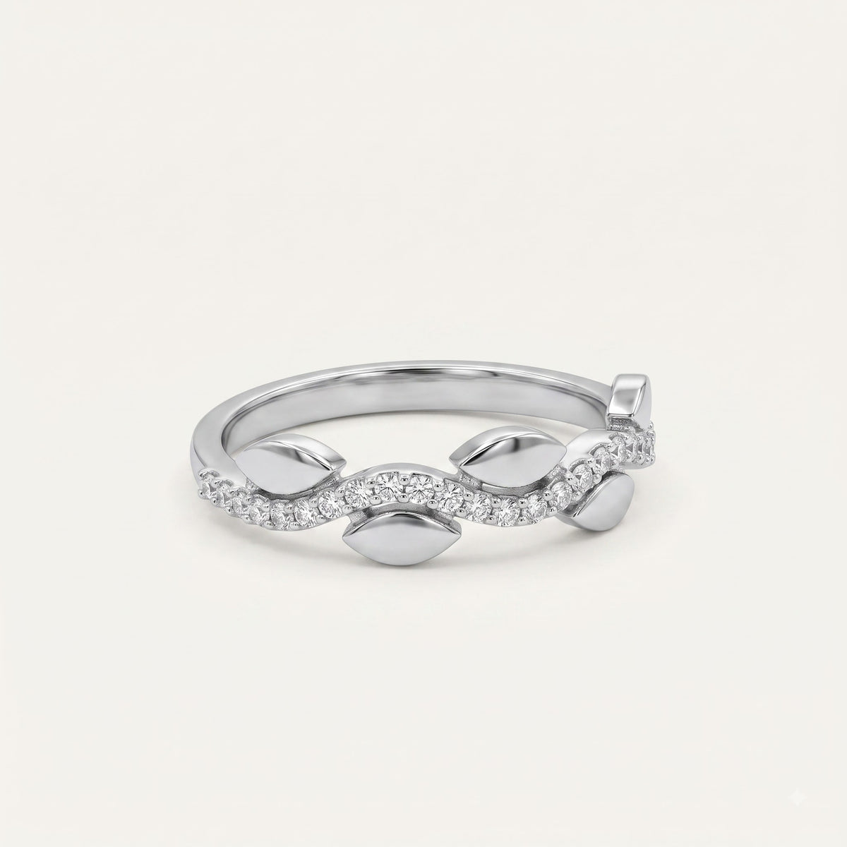 Elegant Leaf-Inspired Pavé Ring with Curved Crystal Band