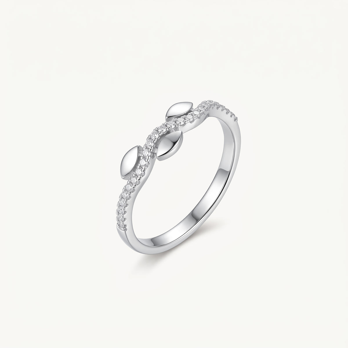 Elegant Silver Leaf-Inspired Pavé Ring with Sparkling Clear Stones