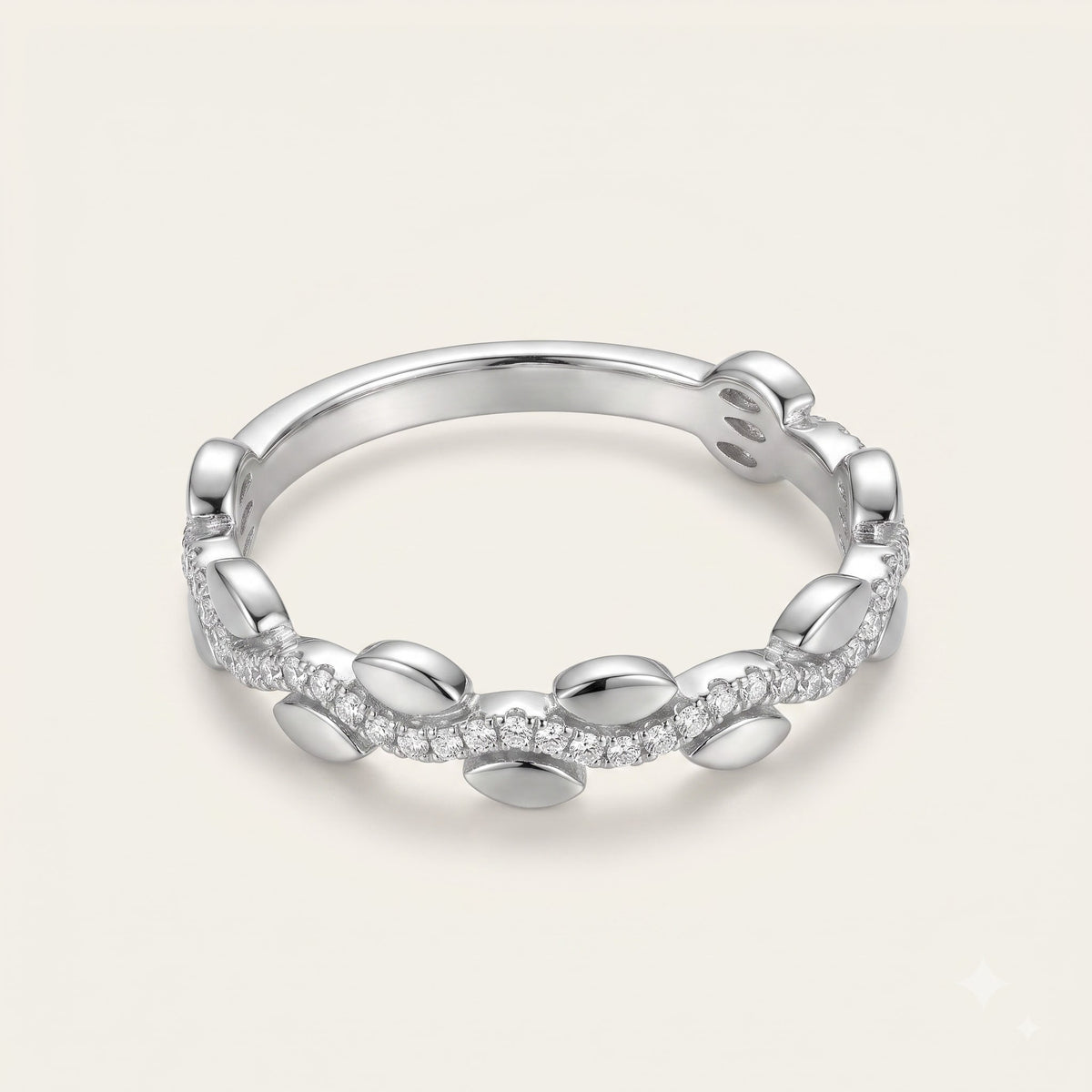 Elegant Leaf-Inspired Pavé Ring with Curved Crystal Band