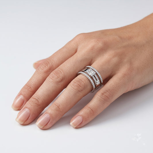 Silver Baguette Crystal Open Cuff Statement Ring