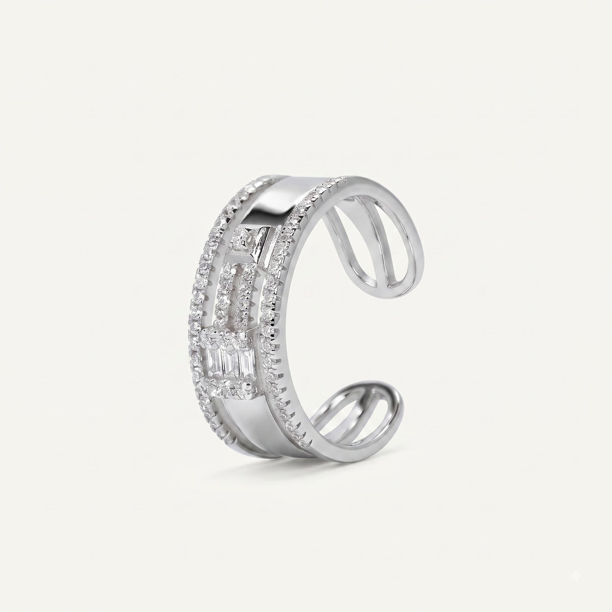Silver Baguette Crystal Open Cuff Statement Ring