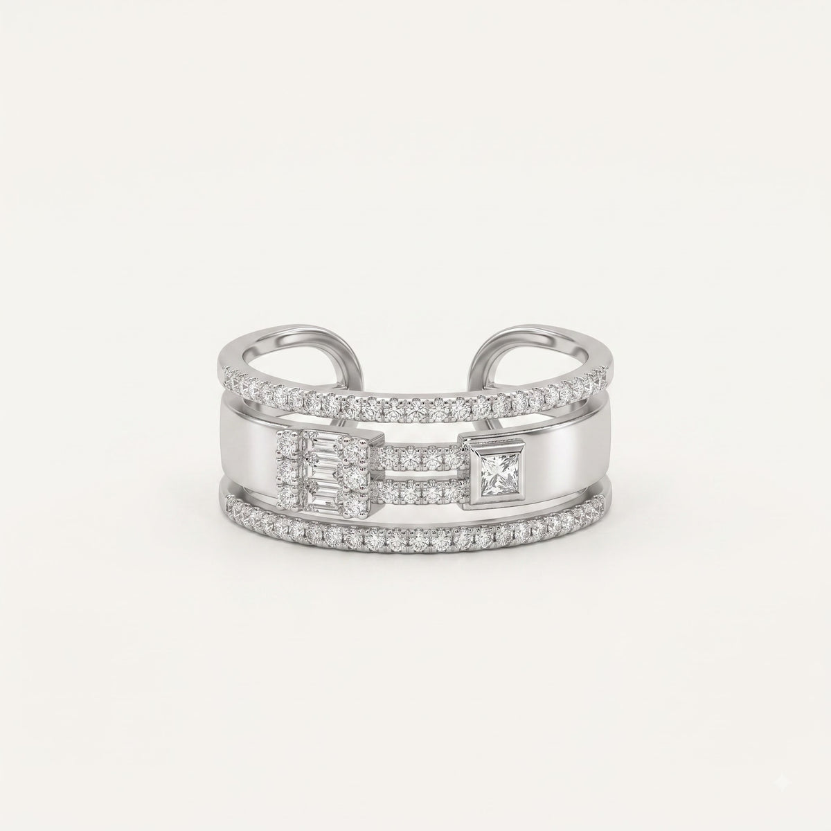 Silver Baguette Crystal Open Cuff Statement Ring