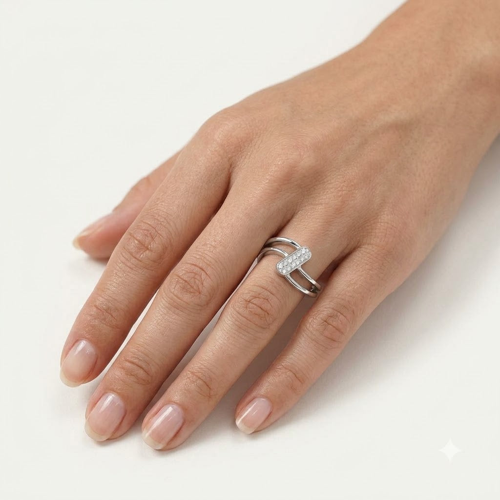 Elegant Double Band Crystal Bar Ring in Silver