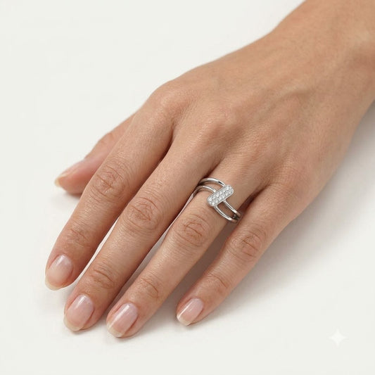 Elegant Double Band Crystal Bar Ring in Silver
