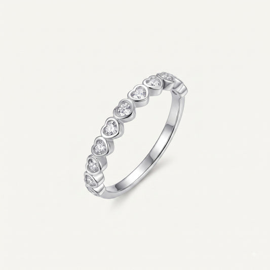 Elegant Heart-Shaped Stone Half Eternity Ring with Polished Silver-Tone Band