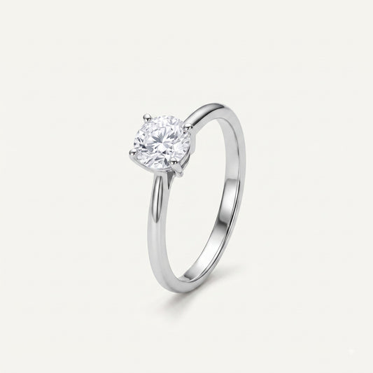 Round-Cut Solitaire Crystal Ring with Polished Silver-Tone Band