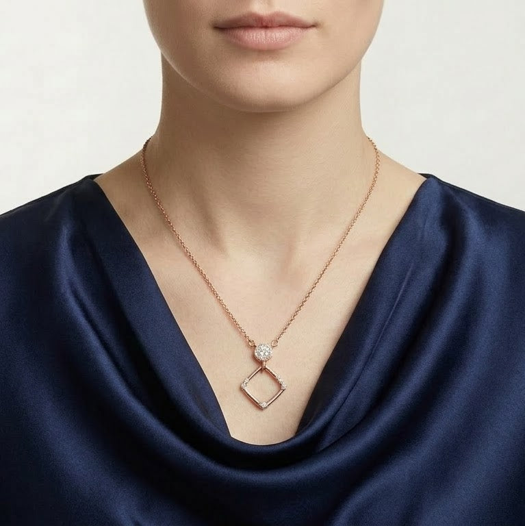 Rose Gold Geometric Pendant Necklace with Sparkling Round Stone