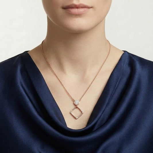 Rose Gold Geometric Pendant Necklace with Sparkling Round Stone