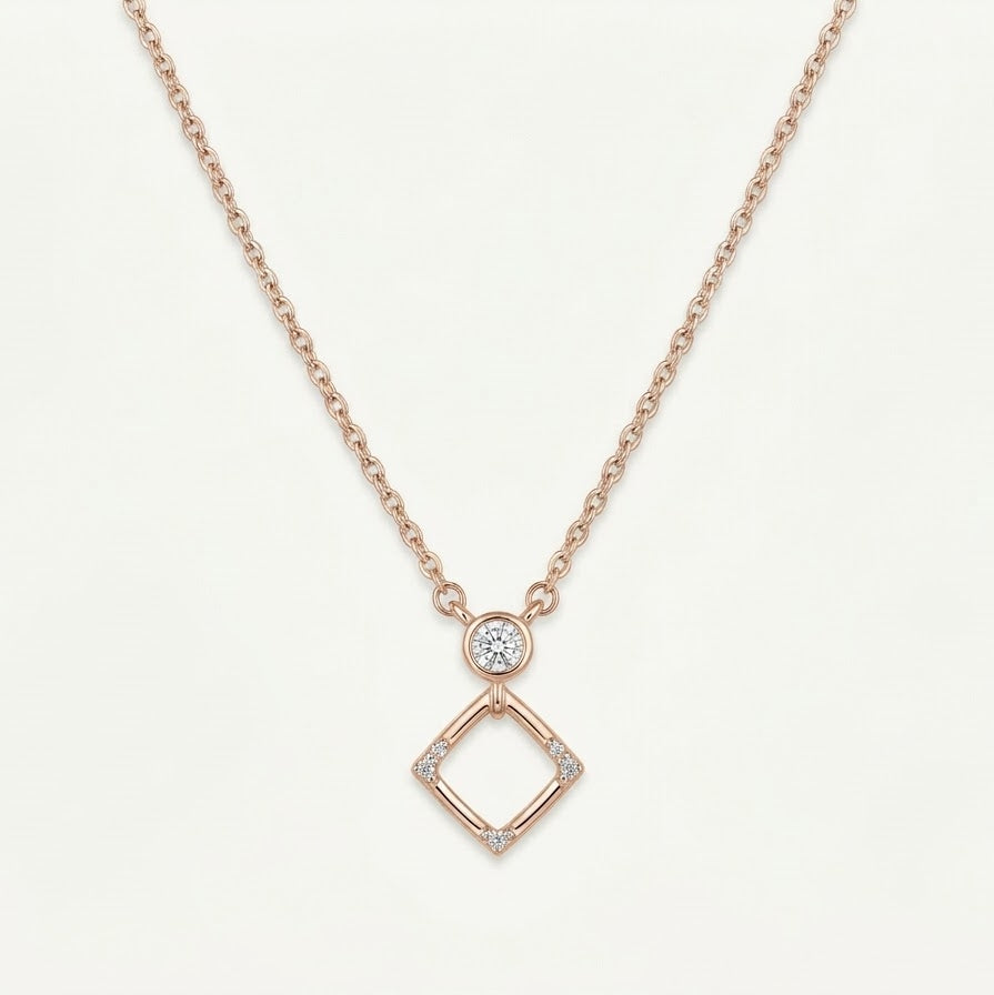 Rose Gold Geometric Pendant Necklace with Sparkling Round Stone