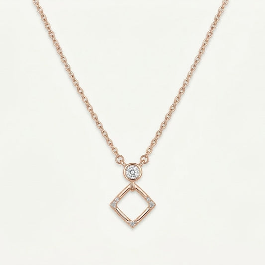 Rose Gold Geometric Pendant Necklace with Sparkling Round Stone