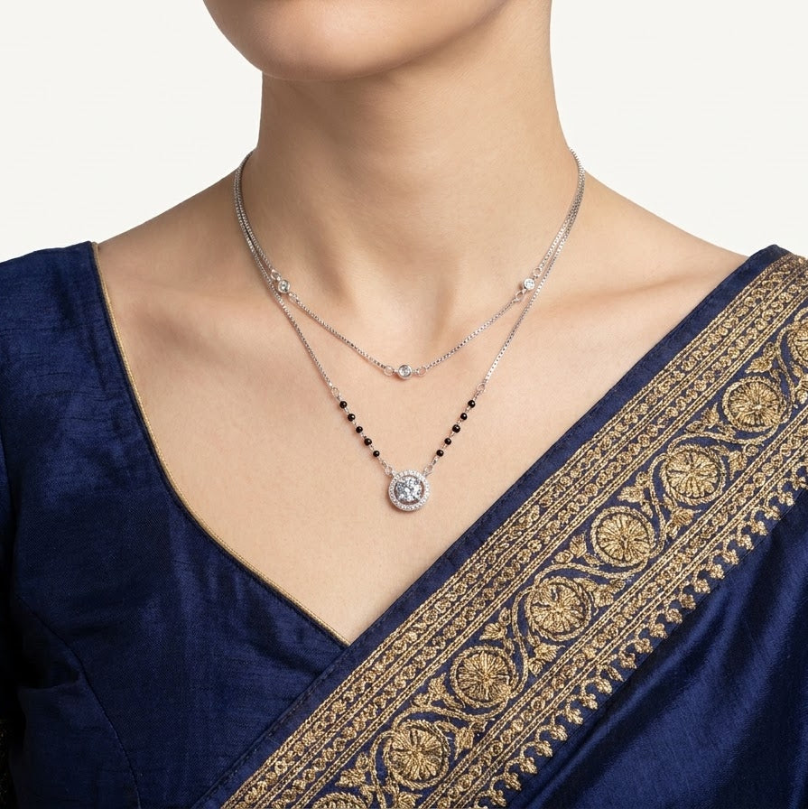 Double Layer Silver Crystal Pendant Necklace with Black Bead Accents