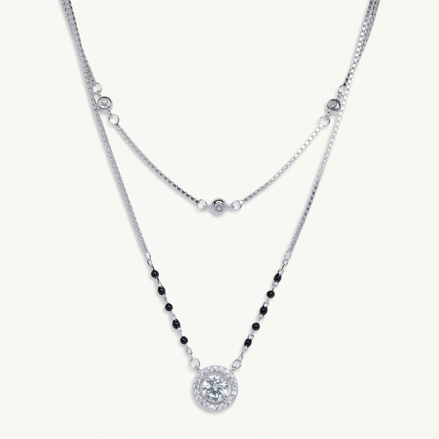 Double Layer Silver Crystal Pendant Necklace with Black Bead Accents