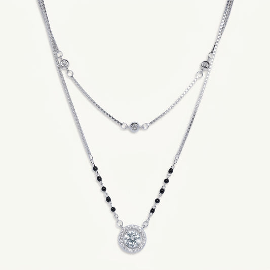 Double Layer Silver Crystal Pendant Necklace with Black Bead Accents