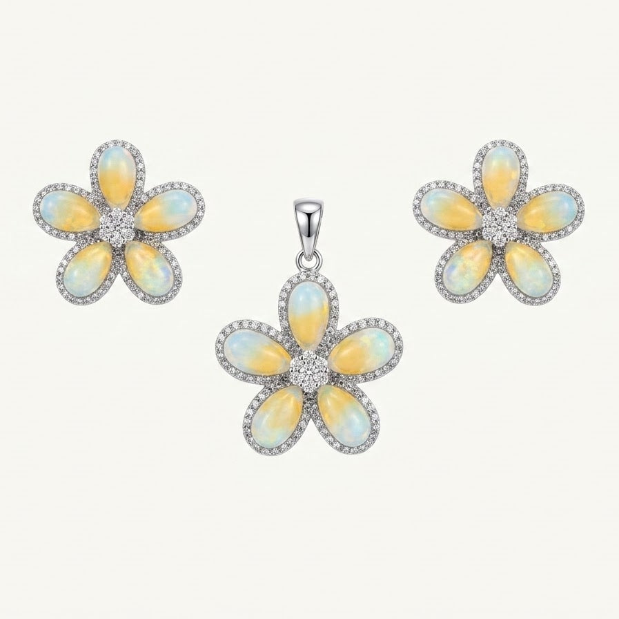 Elegant Opal Flower Necklace & Matching Earrings Set