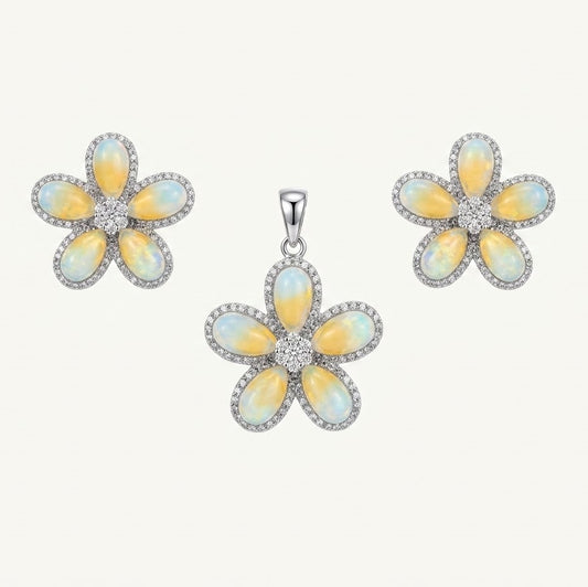 Elegant Opal Flower Necklace & Matching Earrings Set