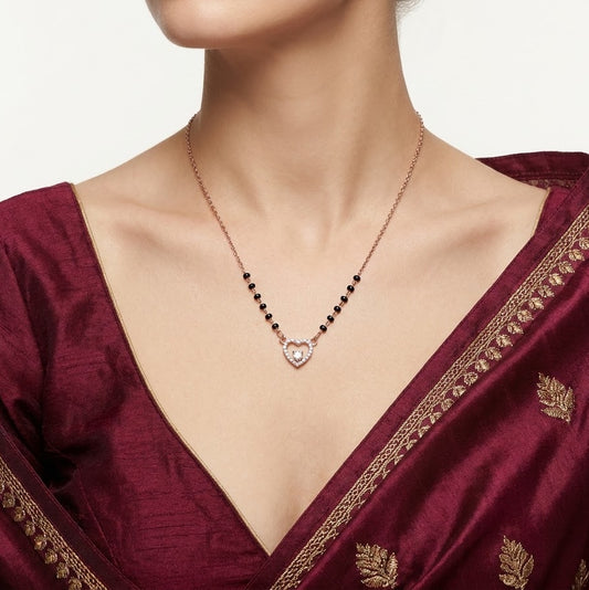 Rose Gold Heart Pendant Necklace with Black Bead Accents