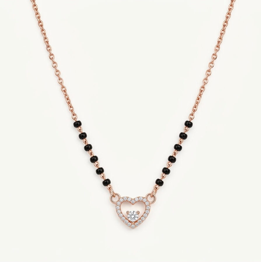 Rose Gold Heart Pendant Necklace with Black Bead Accents