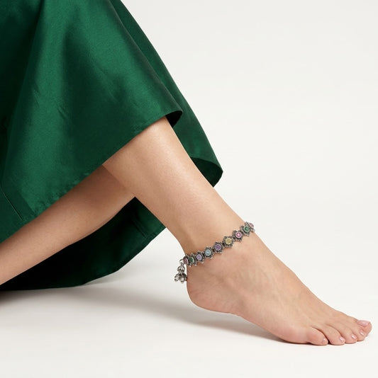 Multicolor Gemstone Silver Anklet – Vintage Floral Design