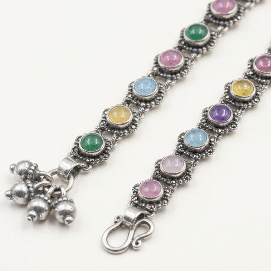 Multicolor Gemstone Silver Anklet – Vintage Floral Design
