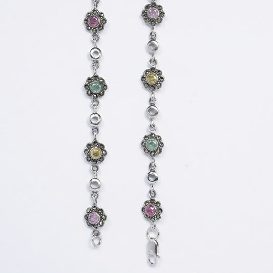 Multicolor Gemstone Floral Anklet – Vintage Silver-Tone Jewellery