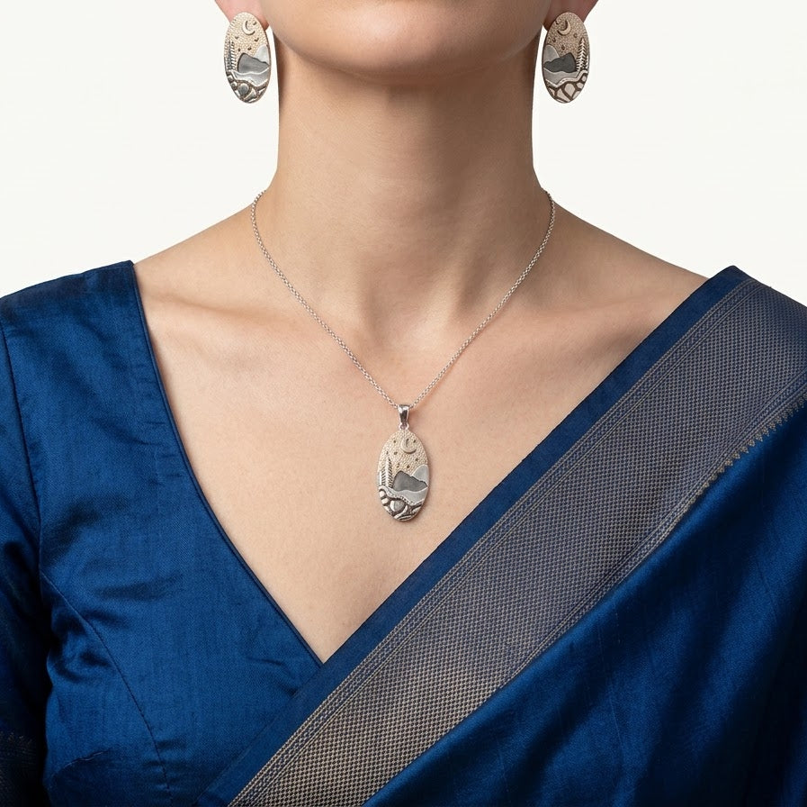 Moonlit Mountain Landscape Necklace & Earrings Set