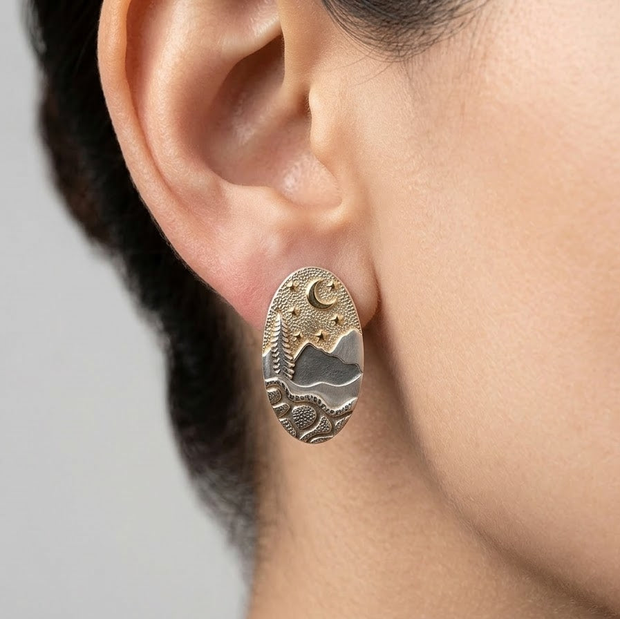 Moonlit Mountain Landscape Necklace & Earrings Set