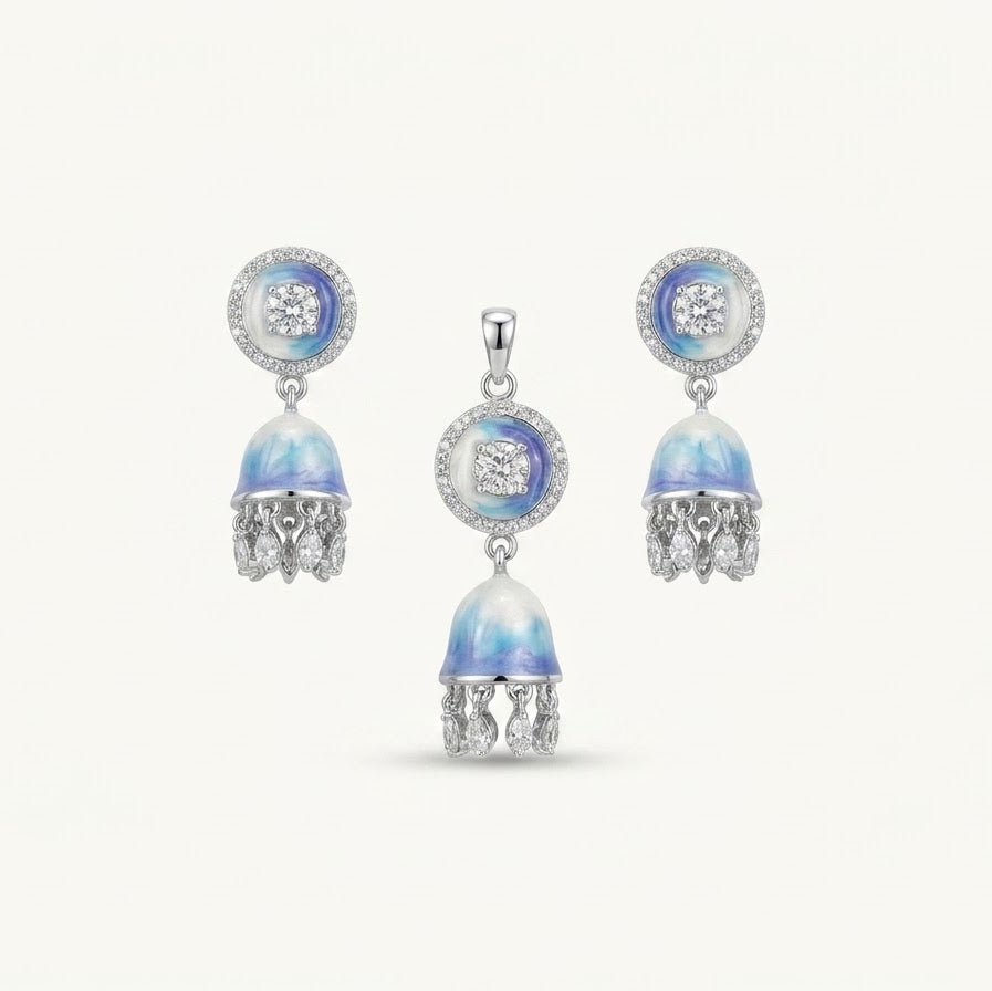 Elegant Blue & Purple Jhumka Necklace & Earrings Set