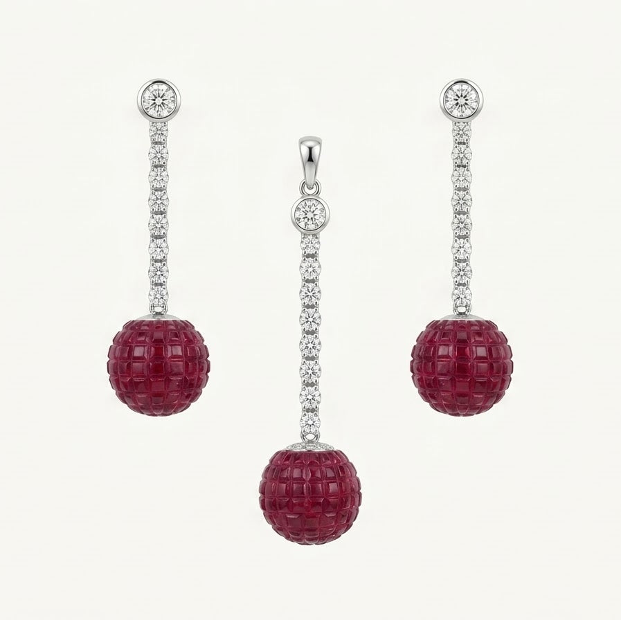 Elegant Red Gemstone Necklace & Matching Drop Earrings Set