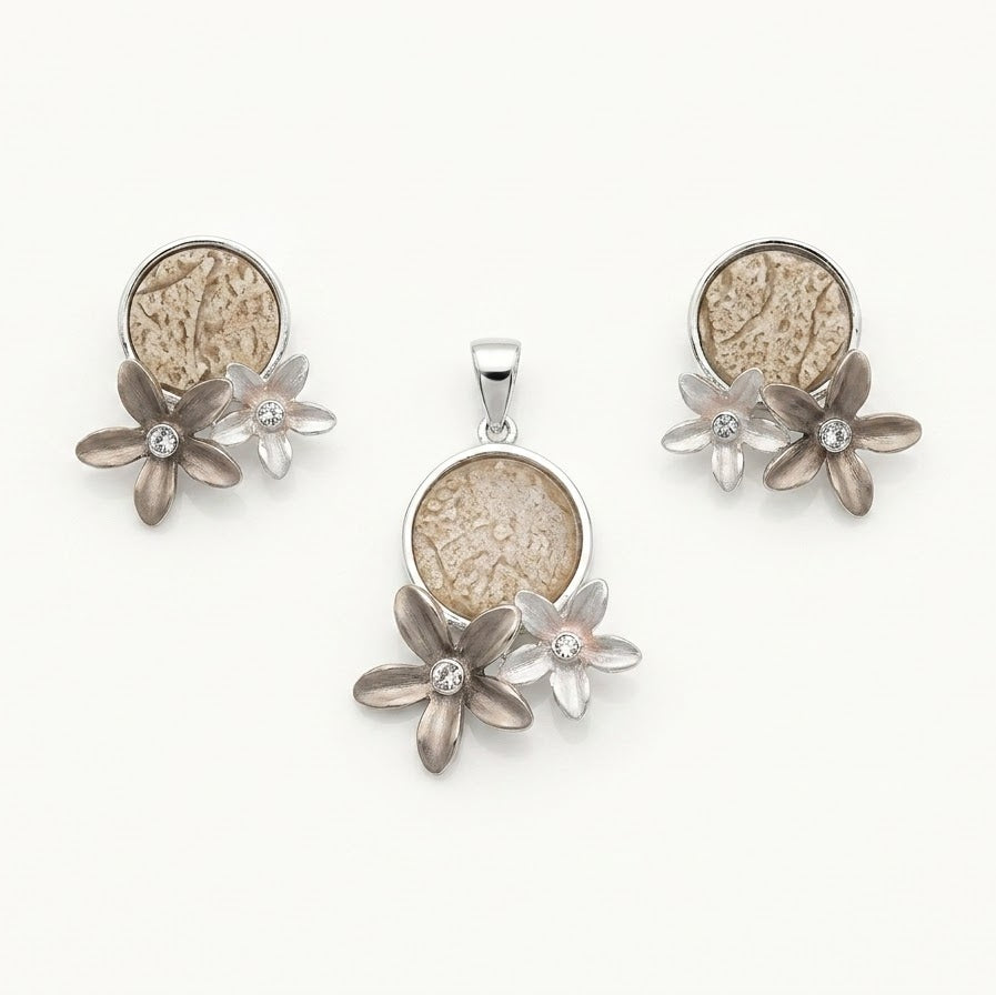 Elegant Floral Necklace & Earrings Set with Textured Stone-Inspired Accents