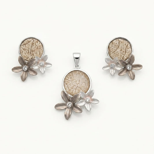 Elegant Floral Necklace & Earrings Set with Textured Stone-Inspired Accents